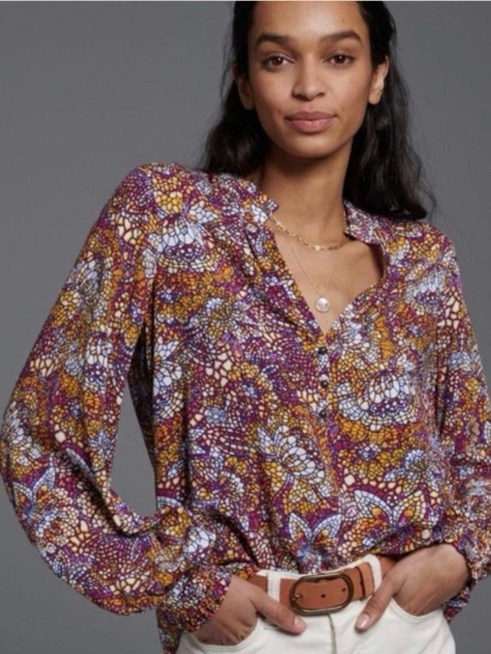 Maeve Collette Mosaic Kaleidoscope Stained Glass Peasant Blouse Top Shirt Floral